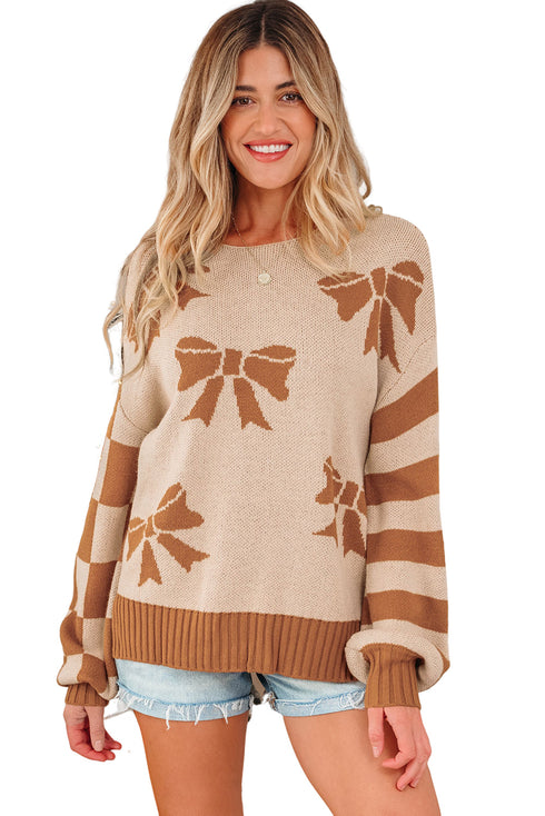 Coquette Bow Pattern Striped Sleeve Knit Sweater
