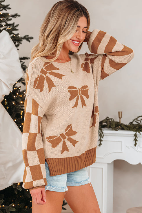 Coquette Bow Pattern Striped Sleeve Knit Sweater