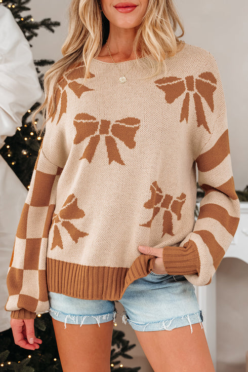 Coquette Bow Pattern Striped Sleeve Knit Sweater