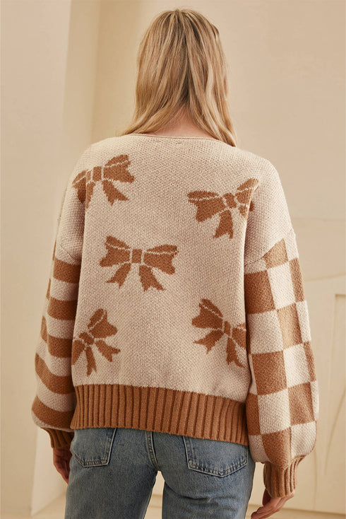 Coquette Bow Pattern Striped Sleeve Knit Sweater