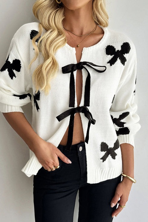 Coquette Bow Pattern Tie Front Knit Cardigan