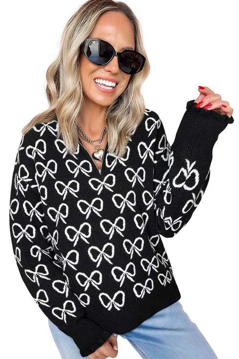 Coquette Bow Print Quarter Zip Knit Sweater
