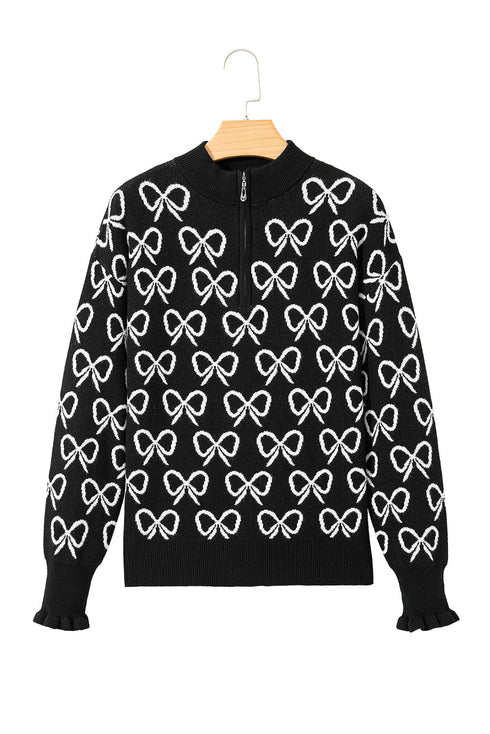 Coquette Bow Print Quarter Zip Knit Sweater
