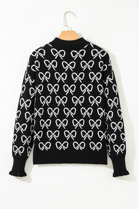 Coquette Bow Print Quarter Zip Knit Sweater