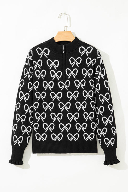 Coquette Bow Print Quarter Zip Knit Sweater
