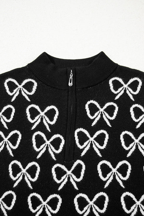 Coquette Bow Print Quarter Zip Knit Sweater