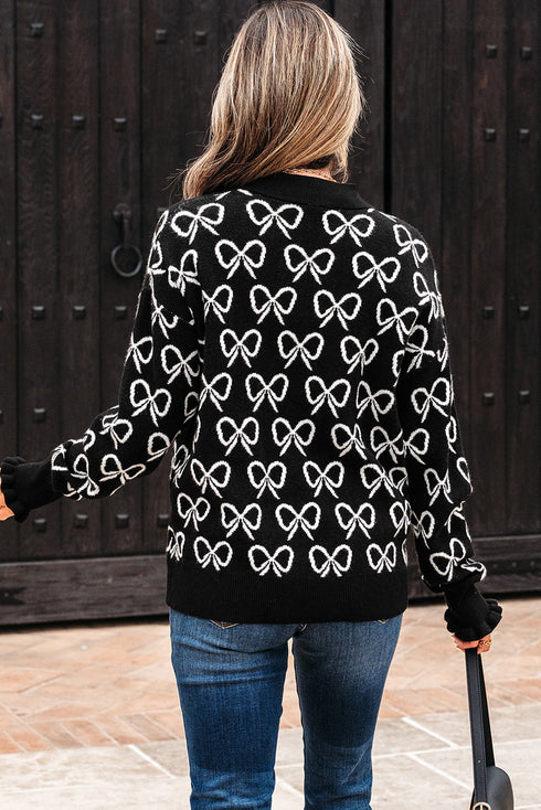 Coquette Bow Print Quarter Zip Knit Sweater