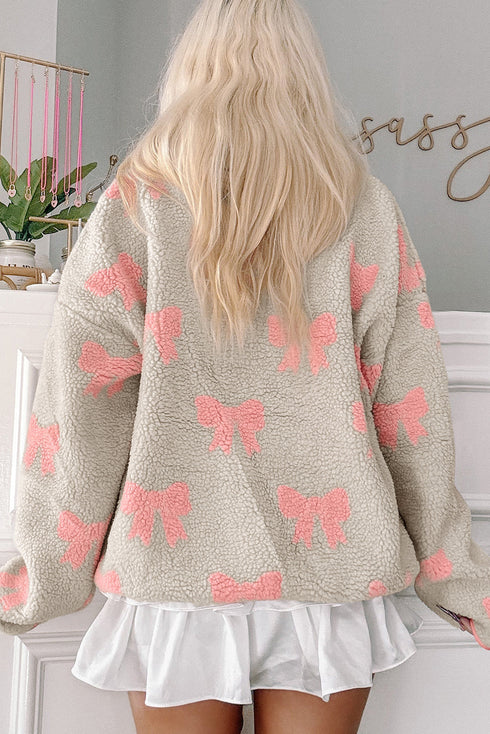 Coquette Bow Print Sherpa Fleece Quarter Zip Pullover