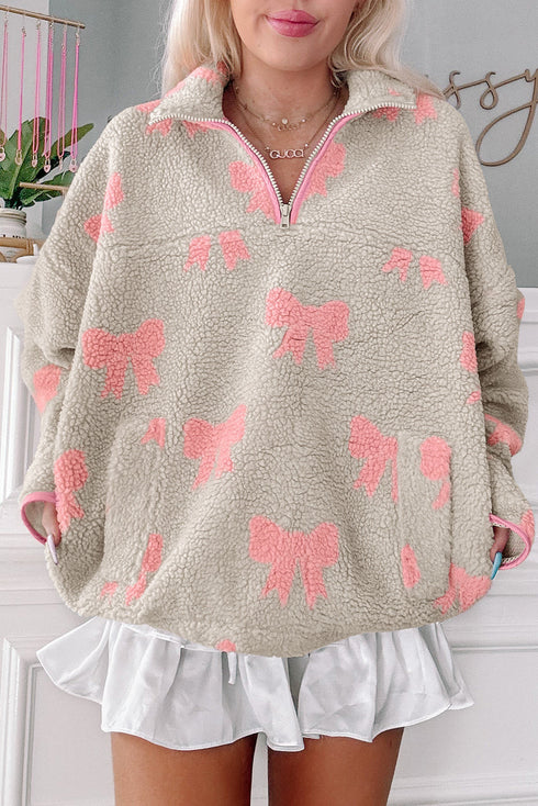 Coquette Bow Print Sherpa Fleece Quarter Zip Pullover