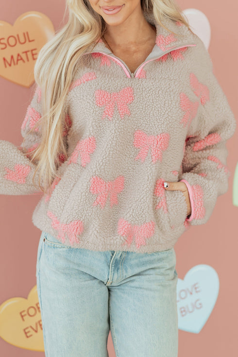 Coquette Bow Print Sherpa Fleece Quarter Zip Pullover