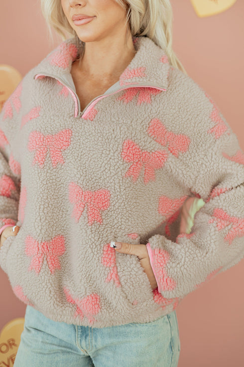 Coquette Bow Print Sherpa Fleece Quarter Zip Pullover