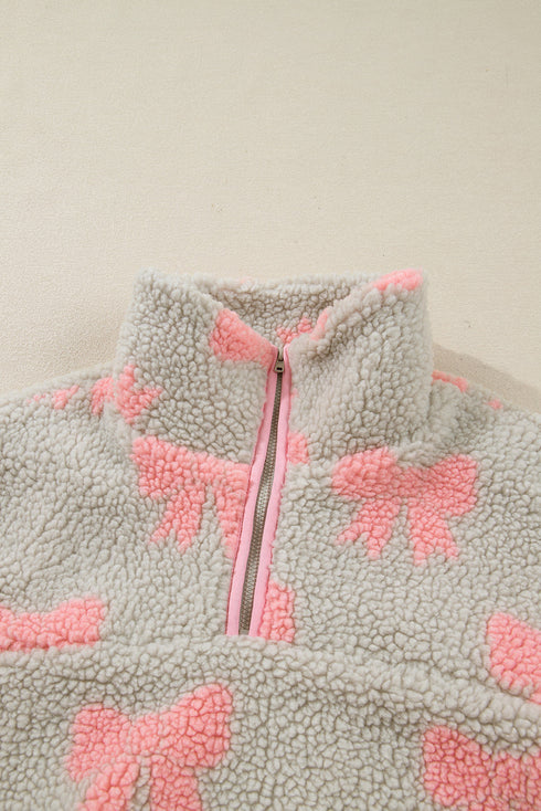 Coquette Bow Print Sherpa Fleece Quarter Zip Pullover