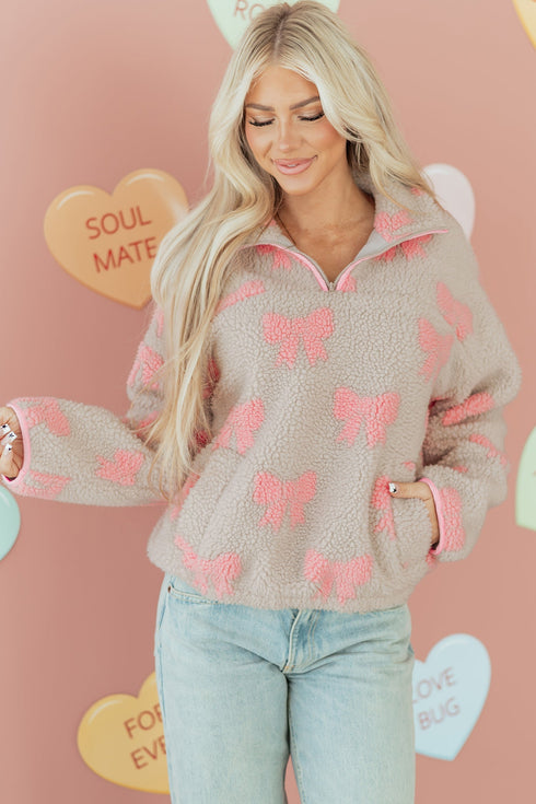 Coquette Bow Print Sherpa Fleece Quarter Zip Pullover
