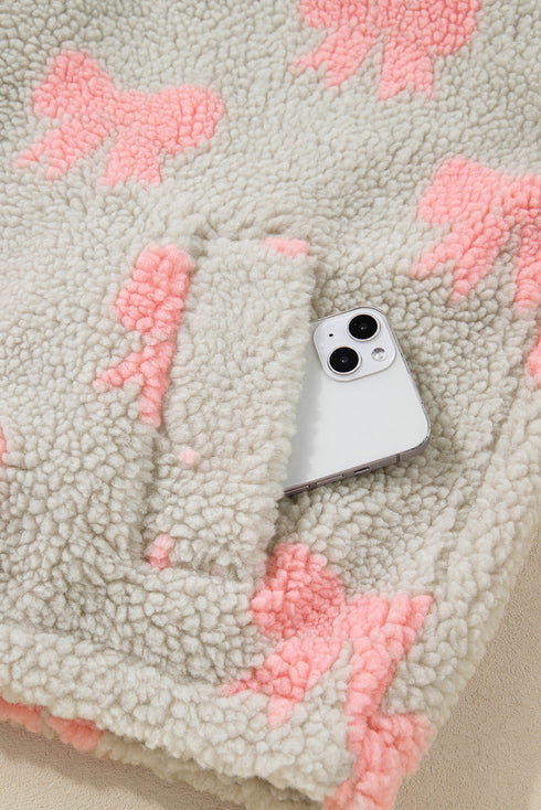 Coquette Bow Print Sherpa Fleece Quarter Zip Pullover