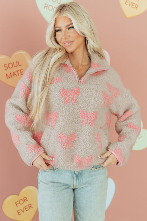 Coquette Bow Print Sherpa Fleece Quarter Zip Pullover