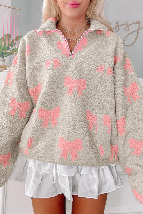 Coquette Bow Print Sherpa Fleece Quarter Zip Pullover