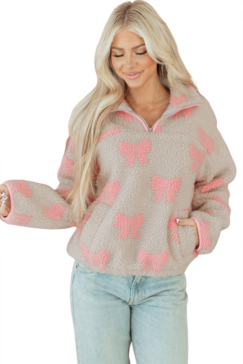 Coquette Bow Print Sherpa Fleece Quarter Zip Pullover