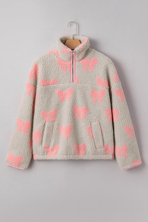 Coquette Bow Print Sherpa Fleece Quarter Zip Pullover