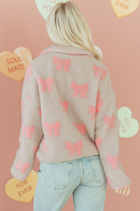 Coquette Bow Print Sherpa Fleece Quarter Zip Pullover