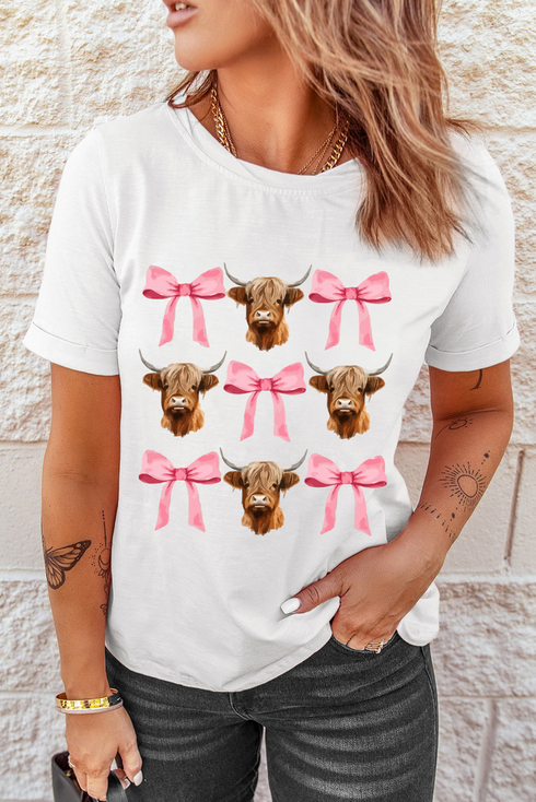 Coquette Highland Cow Graphic Print Short Sleeve Tee