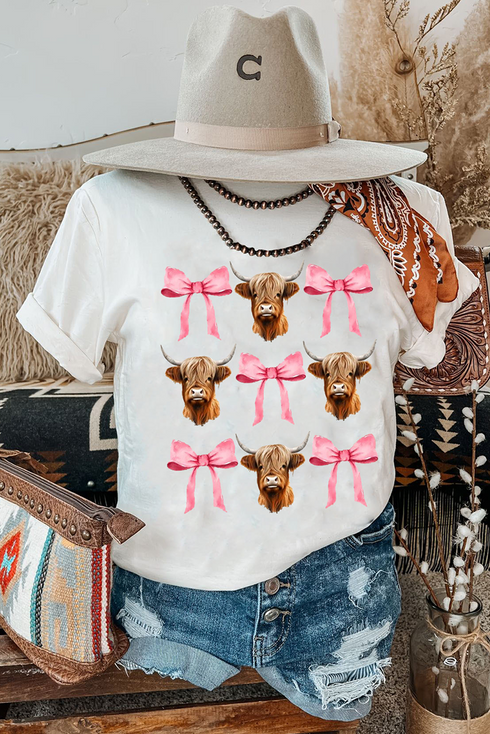 Coquette Highland Cow Graphic Print Short Sleeve Tee
