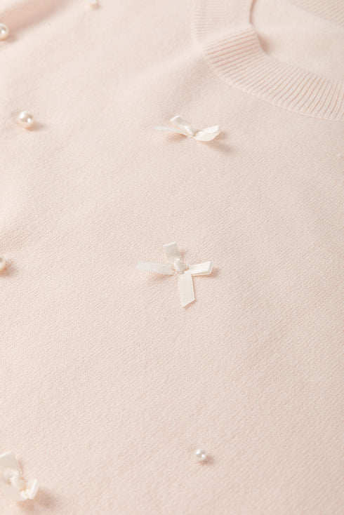 Coquette Pearl And Bow Embellished Short Sleeve Knit Sweater