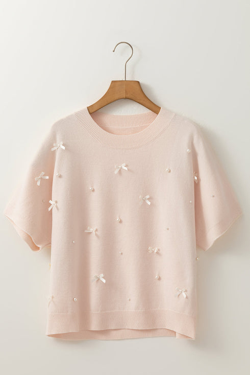 Coquette Pearl And Bow Embellished Short Sleeve Knit Sweater