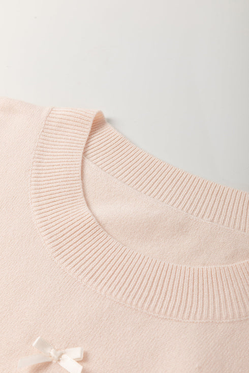 Coquette Pearl And Bow Embellished Short Sleeve Knit Sweater