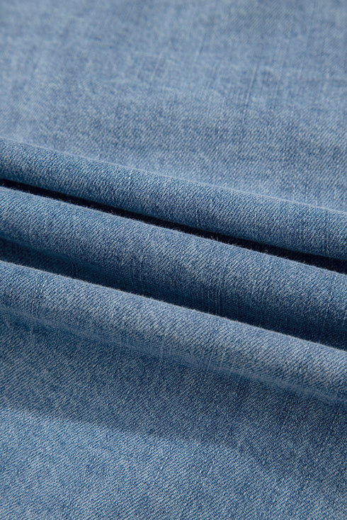 Coquette Style Denim Tie Front Puff Sleeve V Neck Top