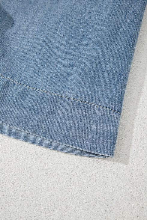 Coquette Style Denim Tie Front Puff Sleeve V Neck Top