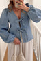 Coquette Style Denim Tie Front Puff Sleeve V Neck Top