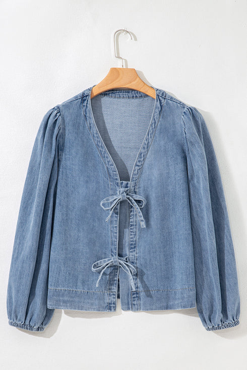Coquette Style Denim Tie Front Puff Sleeve V Neck Top