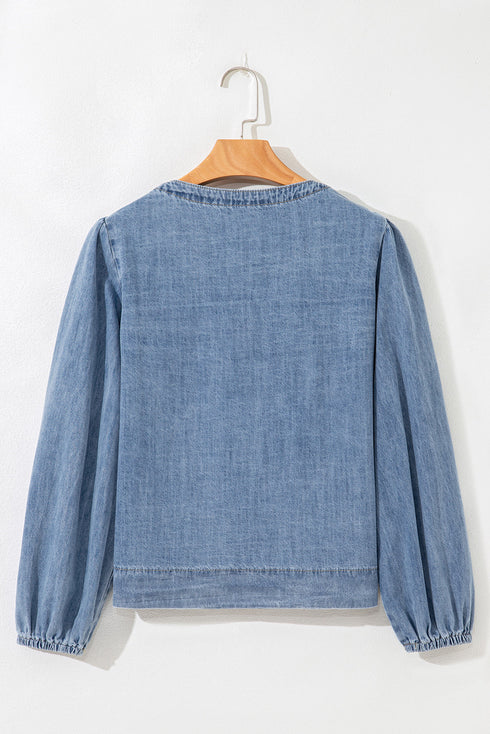 Coquette Style Denim Tie Front Puff Sleeve V Neck Top