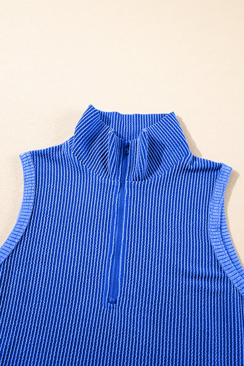 Corded Collared Half Zip Tank Two Piece Short Set