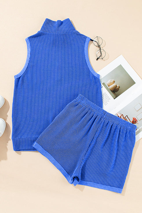Corded Collared Half Zip Tank Two Piece Short Set