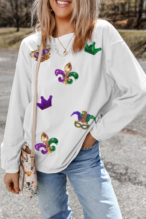 Corded Crew Neck Sequin Applique Oversized Sweatshirt
