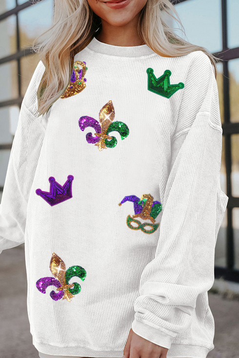 Corded Crew Neck Sequin Applique Oversized Sweatshirt