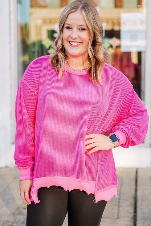 Corded Drop Shoulder Uneven Hem Plus Size Long Sleeve Top