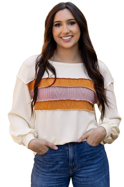 Corded Exposed Seam Textured Knit Patchwork Top