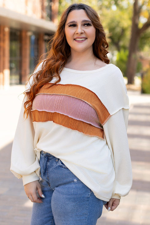 Corded Exposed Seam Textured Knit Patchwork Top
