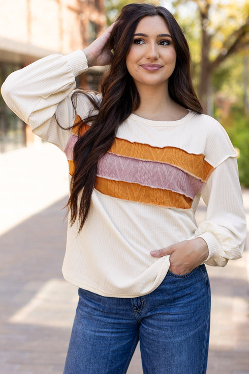 Corded Exposed Seam Textured Knit Patchwork Top