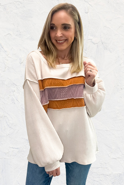 Corded Exposed Seam Textured Knit Patchwork Top