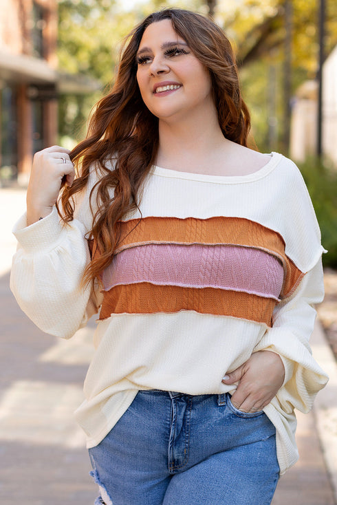 Corded Exposed Seam Textured Knit Patchwork Top