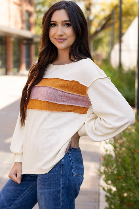 Corded Exposed Seam Textured Knit Patchwork Top