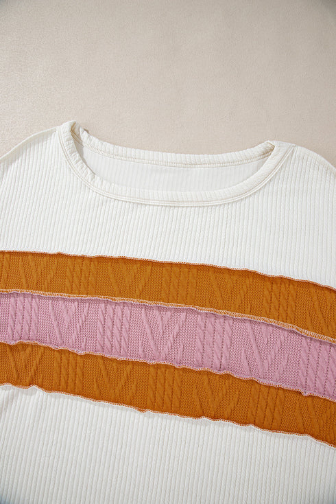 Corded Exposed Seam Textured Knit Patchwork Top