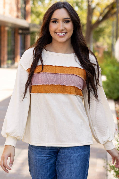 Corded Exposed Seam Textured Knit Patchwork Top