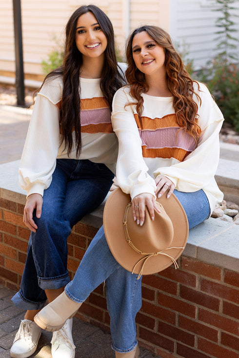Corded Exposed Seam Textured Knit Patchwork Top