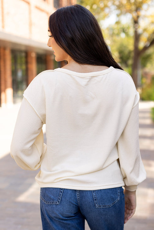 Corded Exposed Seam Textured Knit Patchwork Top
