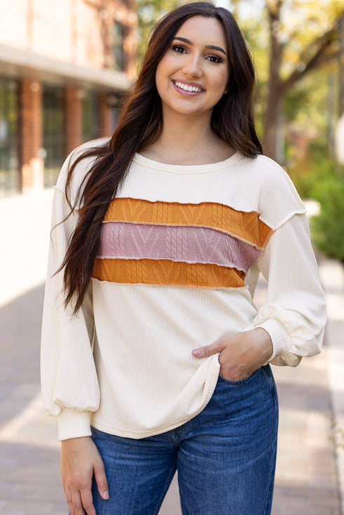 Corded Exposed Seam Textured Knit Patchwork Top