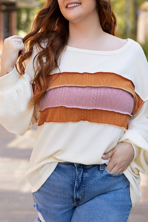 Corded Exposed Seam Textured Knit Patchwork Top